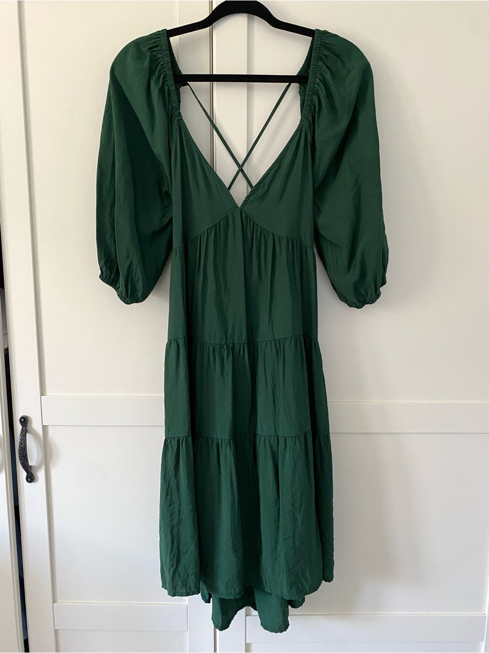 Charly Emerald Green Open Back Tiered Midi Dress | Cottagecore Boho Romantic M